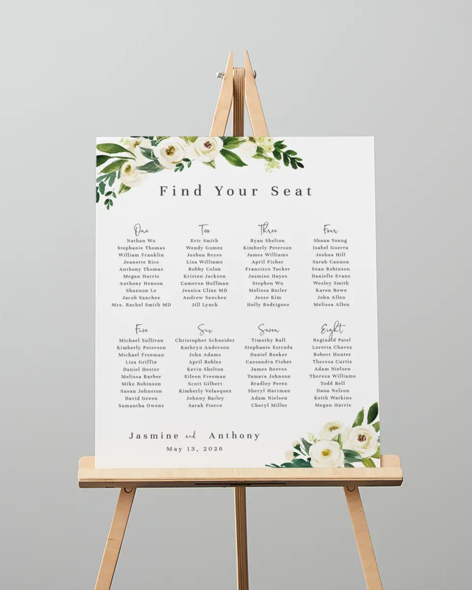 This is a 16" x 20" Seating Chart Sign called Wedding Florals printed in full color