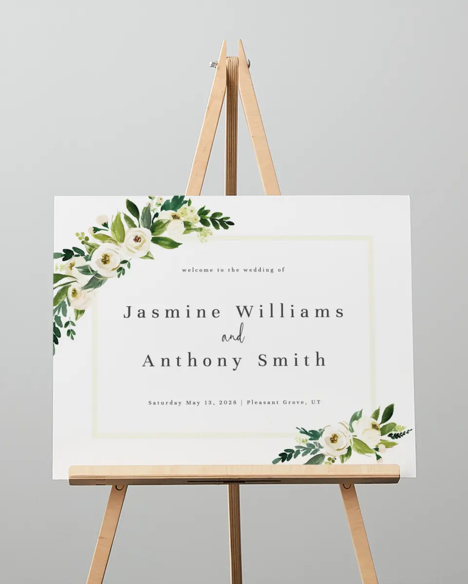 This is a 16" x 20" Welcome Sign called Wedding Florals printed in full color