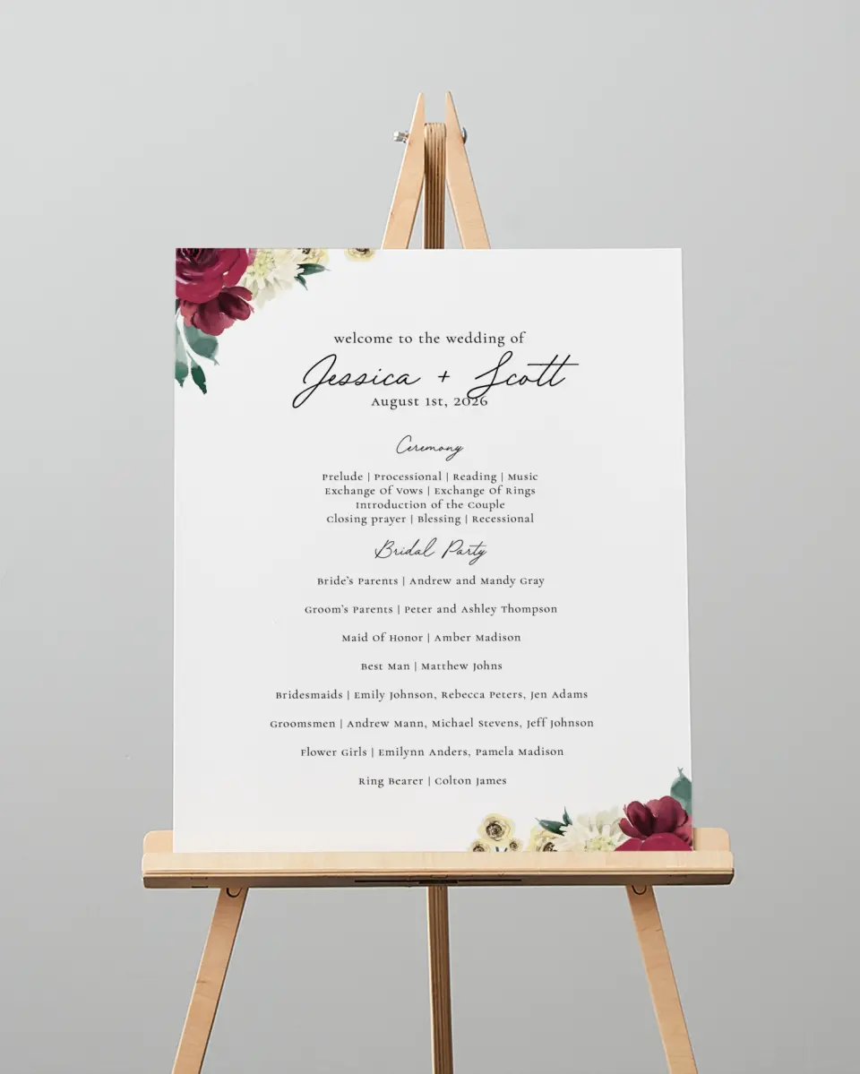 This is a 16" x 20" Ceremony Sign called Floral Touch printed in full color