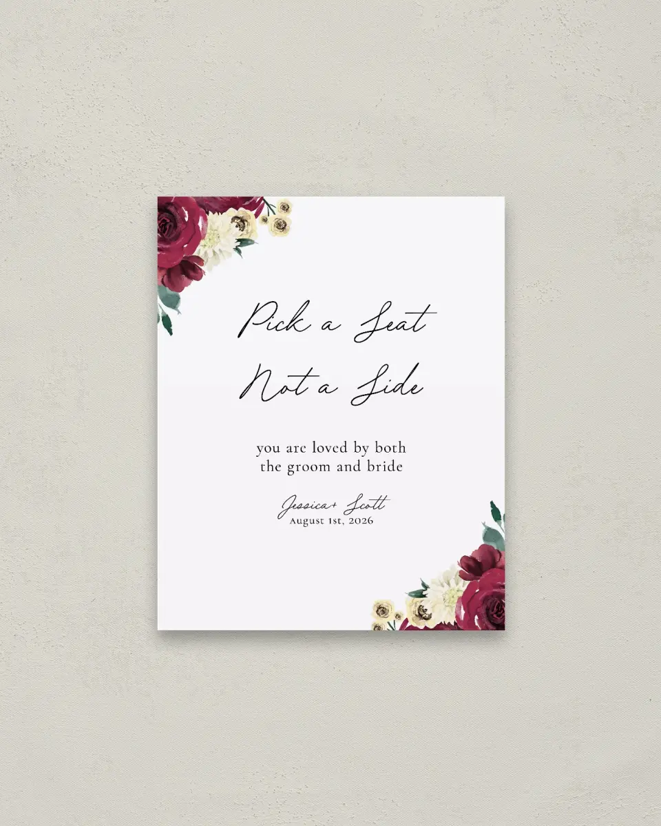 This is a 16" x 20" Pick a Seat Sign called Floral Touch printed in full color