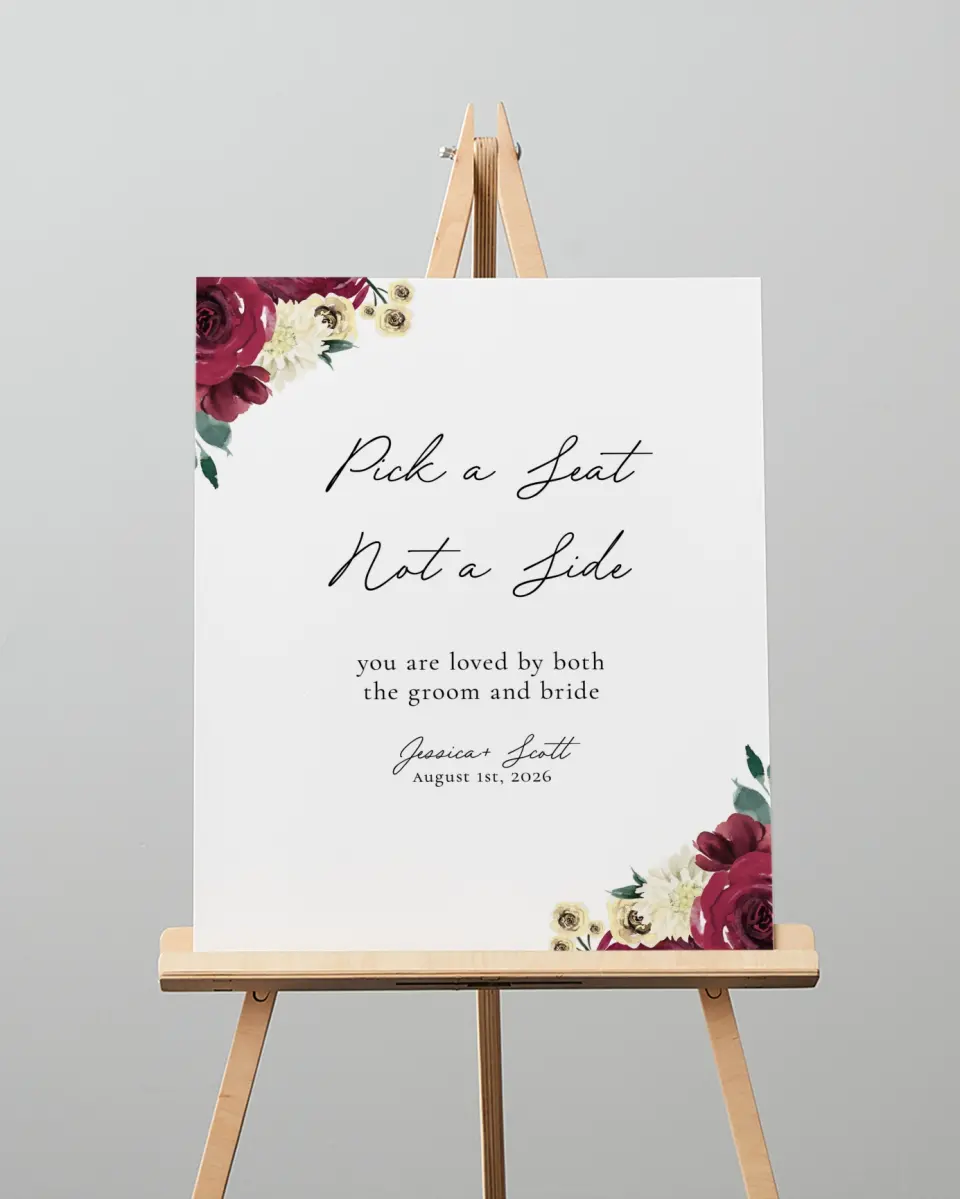 This is a 16" x 20" Pick a Seat Sign called Floral Touch printed in full color