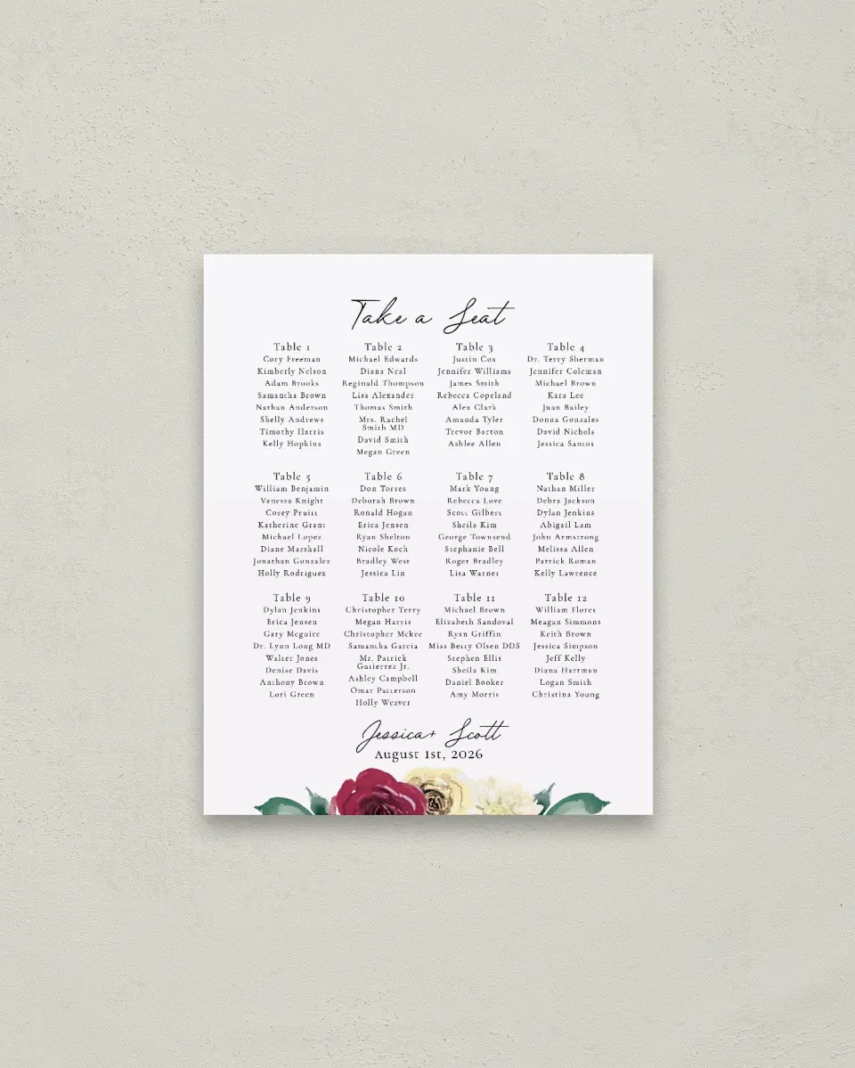 This is a 16" x 20" Seating Chart Sign called Floral Touch printed in full color