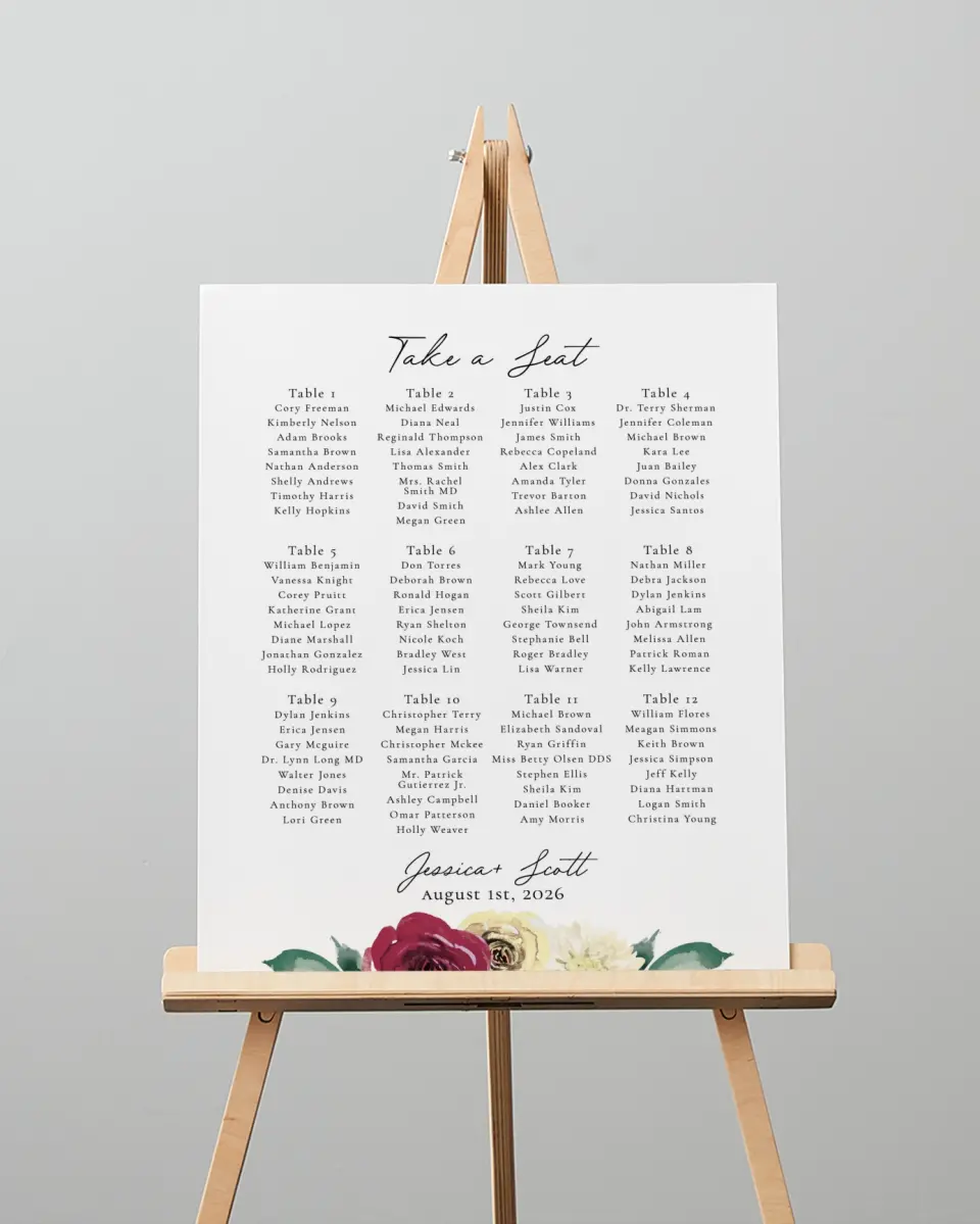 This is a 16" x 20" Seating Chart Sign called Floral Touch printed in full color