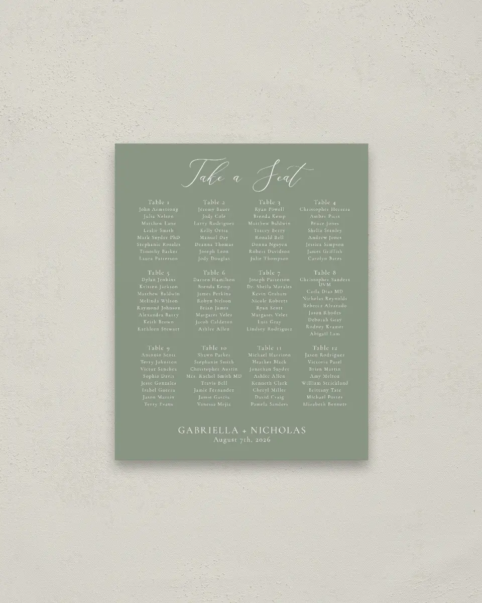 This is a 16" x 20" Seating Chart Sign called Minimalist Type printed in full color