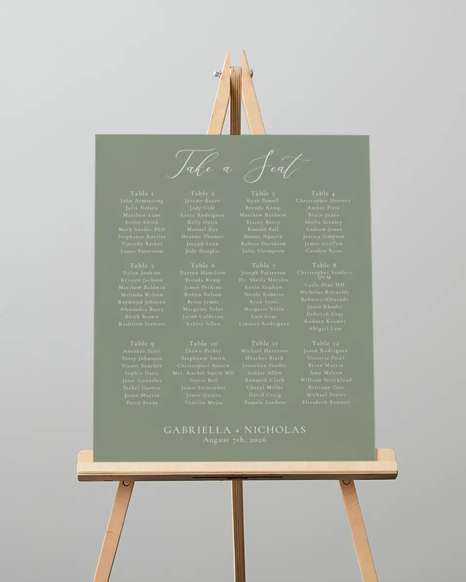 This is a 16" x 20" Seating Chart Sign called Minimalist Type printed in full color
