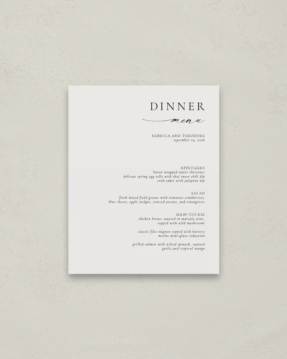 This is a 16" x 20" Menu Sign called Simply Elegant printed in full color