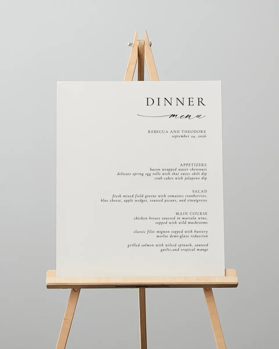 This is a 16" x 20" Menu Sign called Simply Elegant printed in full color