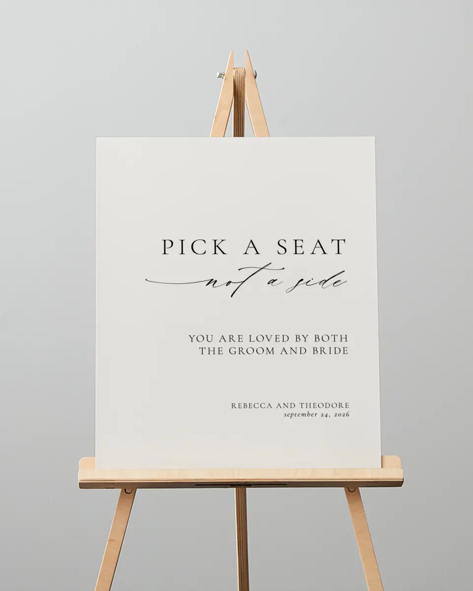 This is a 16" x 20" Pick a Seat Sign called Simply Elegant printed in full color