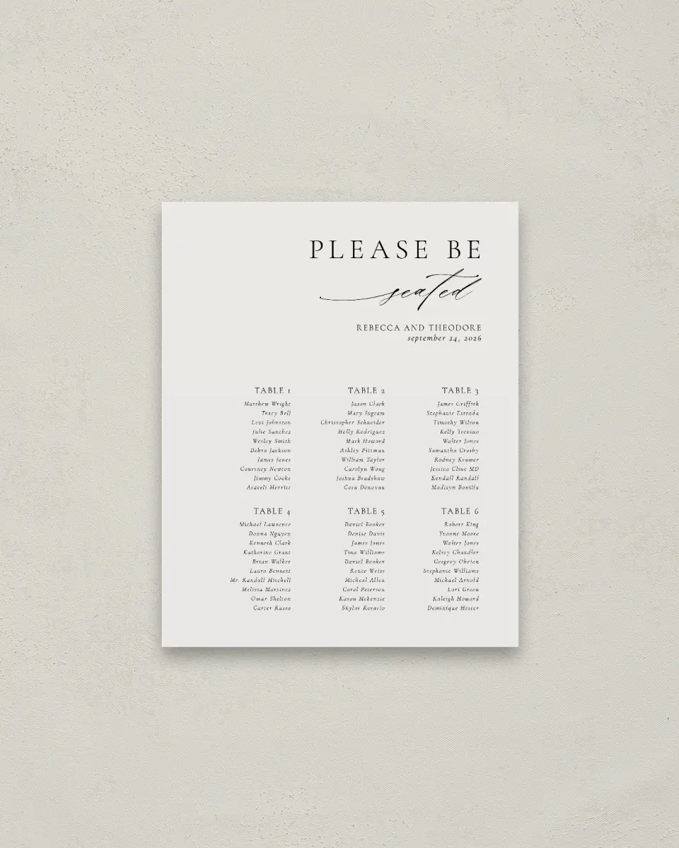 This is a 16" x 20" Seating Chart Sign called Simply Elegant printed in full color