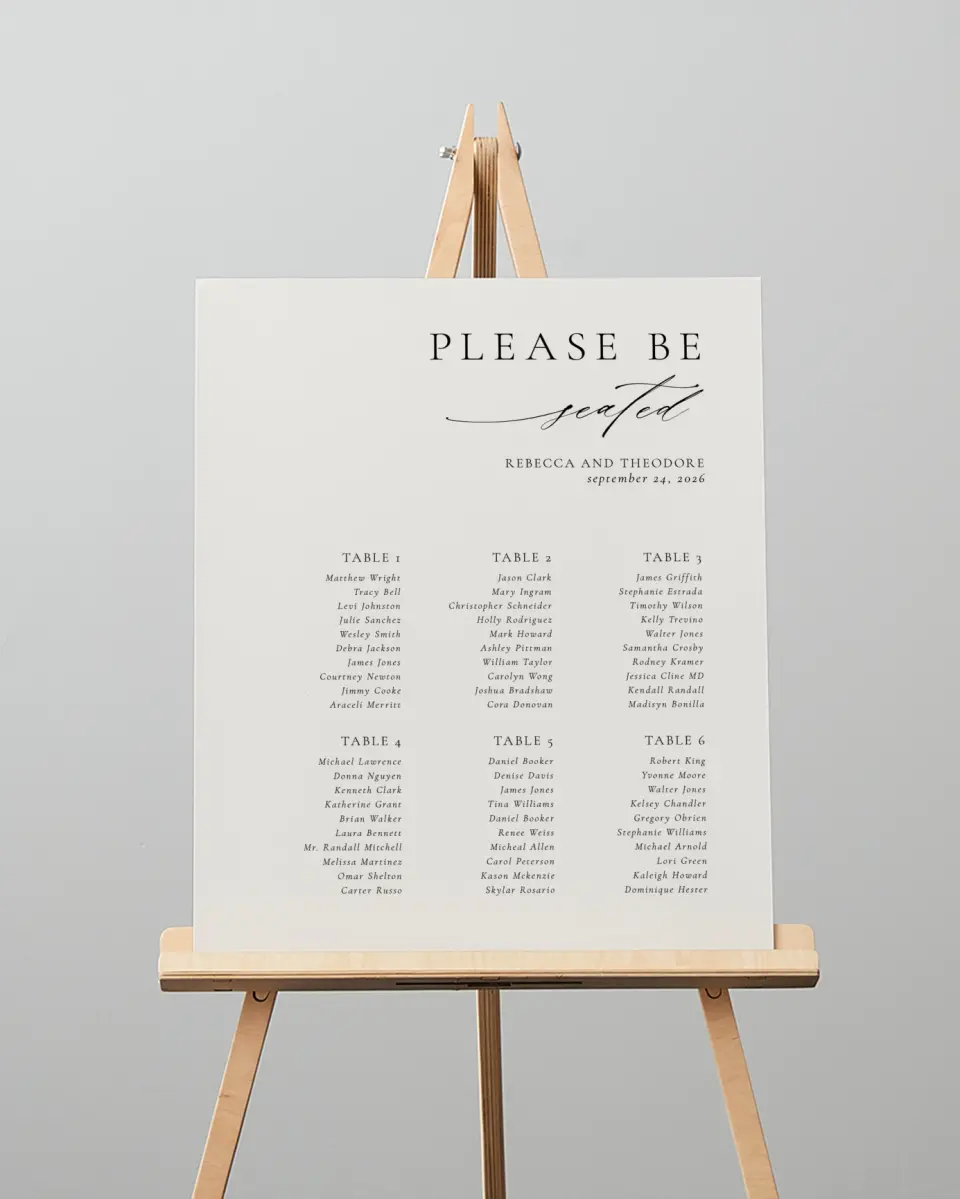 This is a 16" x 20" Seating Chart Sign called Simply Elegant printed in full color
