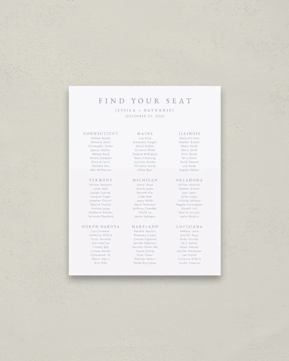 This is a 16" x 20" Seating Chart Sign called Dainty Wreath printed in full color