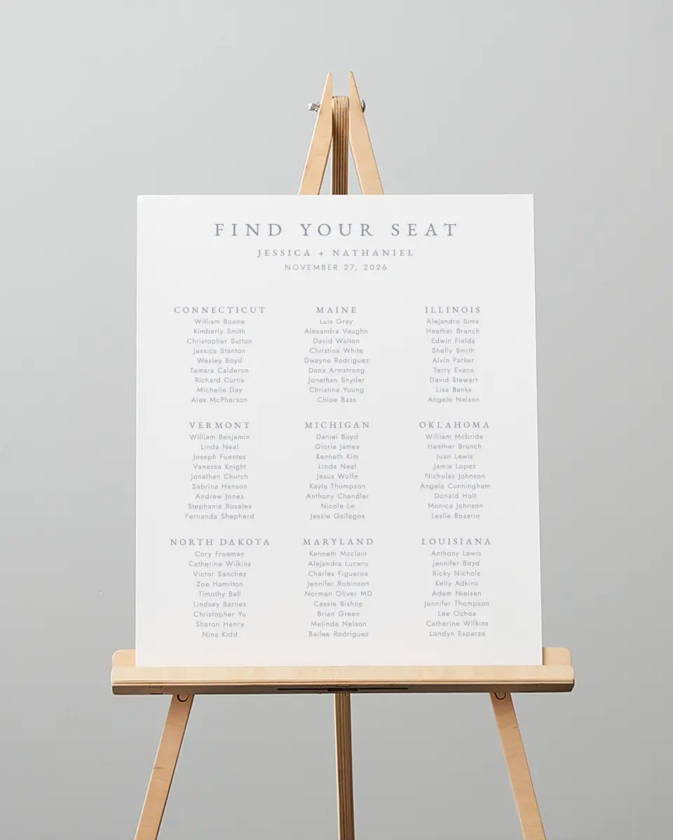 This is a 16" x 20" Seating Chart Sign called Dainty Wreath printed in full color