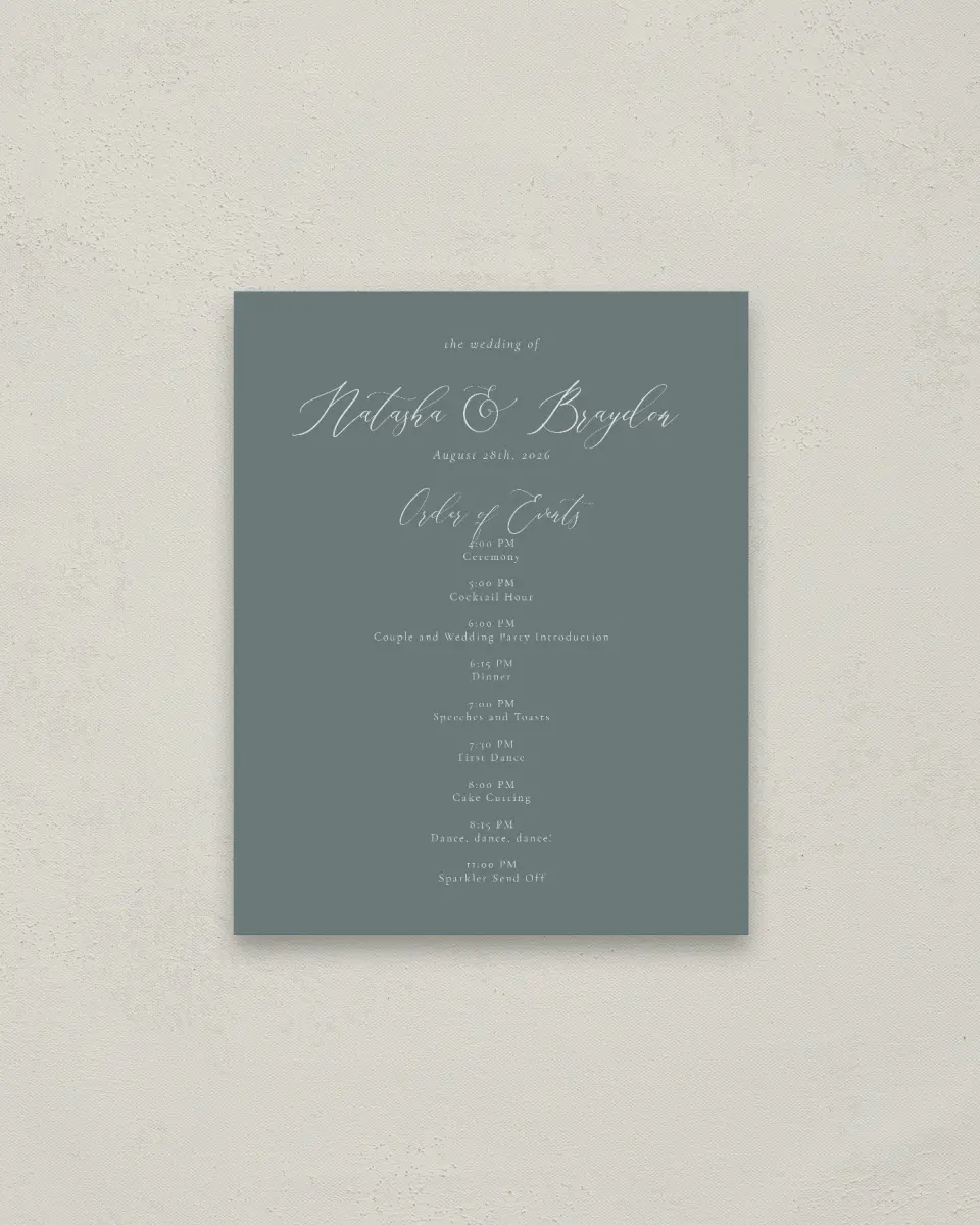 This is a 16" x 20" Schedule Sign called Timeless Order printed in full color