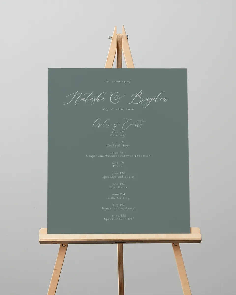This is a 16" x 20" Schedule Sign called Timeless Order printed in full color