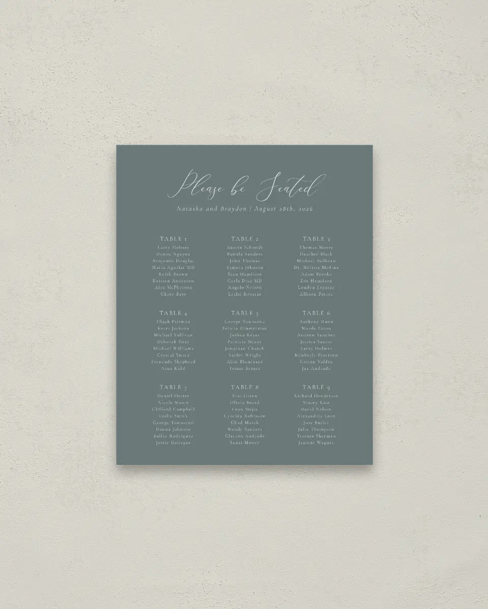 This is a 16" x 20" Seating Chart Sign called Timeless Order printed in full color