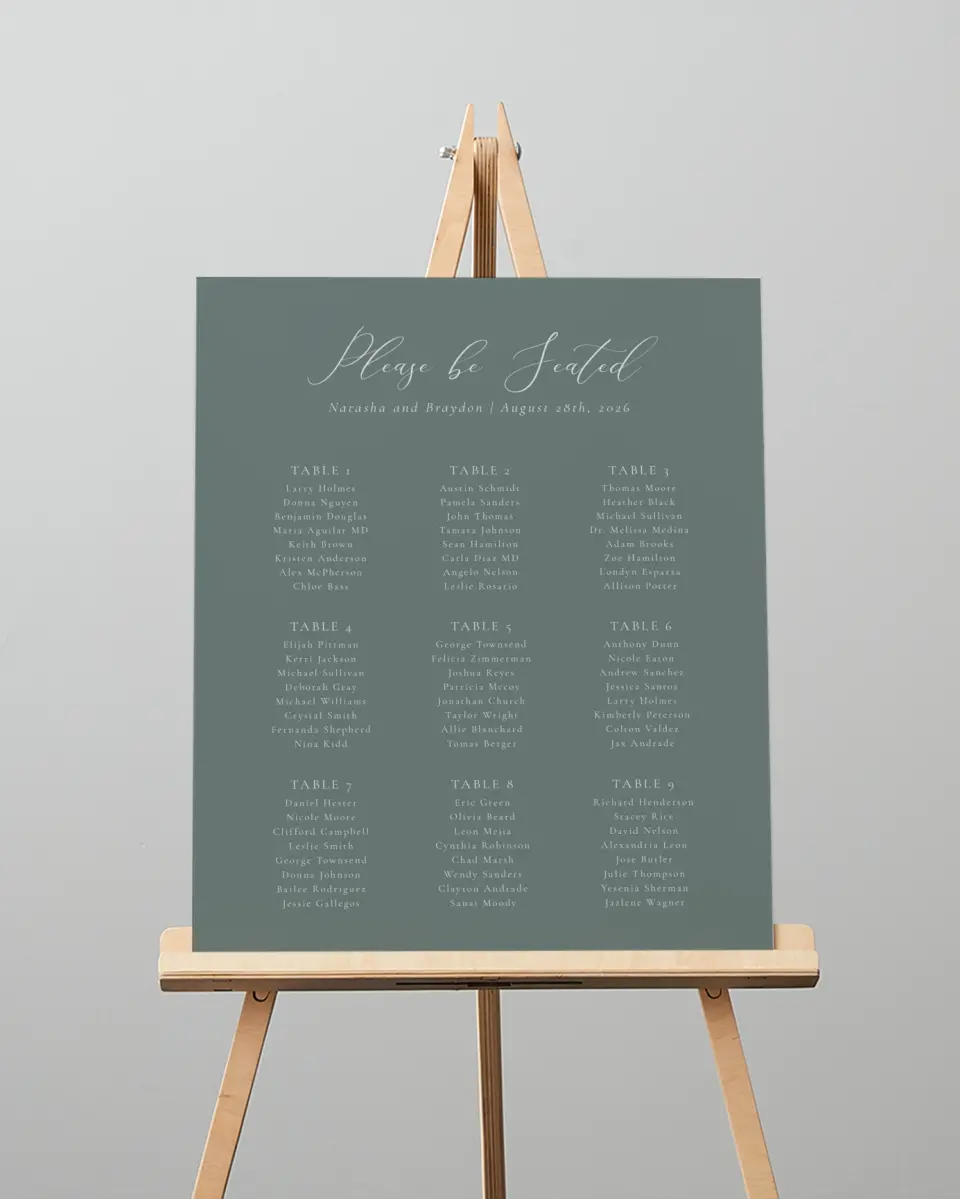 This is a 16" x 20" Seating Chart Sign called Timeless Order printed in full color