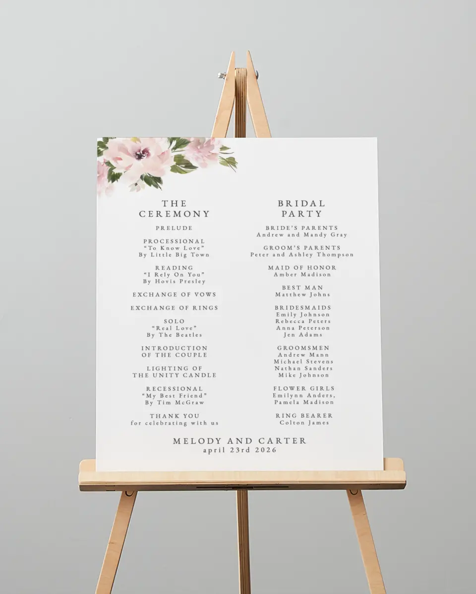 This is a 16" x 20" Ceremony Sign called Sweet Floral printed in full color