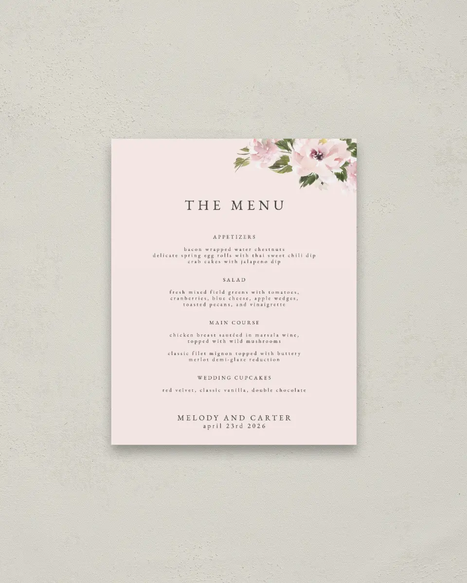 This is a 16" x 20" Menu Sign called Sweet Floral printed in full color