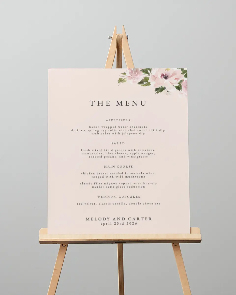 This is a 16" x 20" Menu Sign called Sweet Floral printed in full color