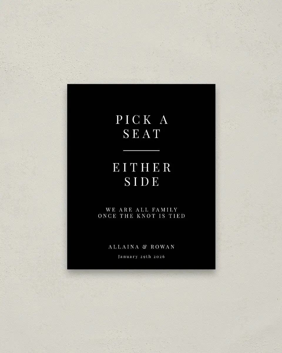 This is a 16" x 20" Pick a Seat Sign called Pure Devotion printed in full color