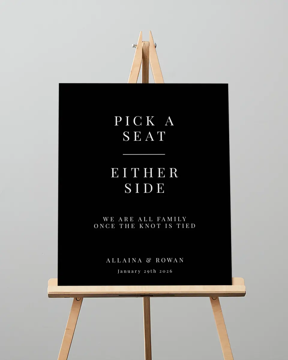 This is a 16" x 20" Pick a Seat Sign called Pure Devotion printed in full color
