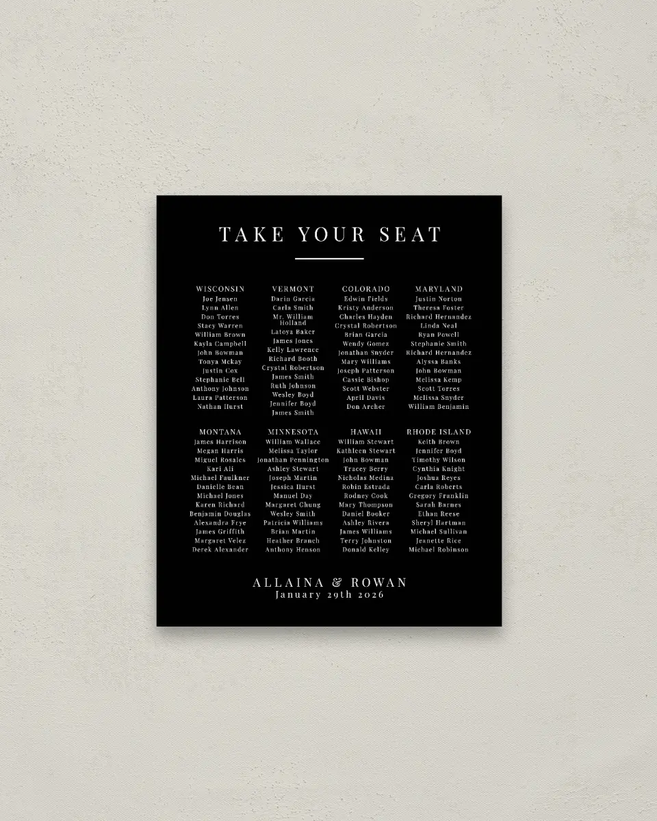 This is a 16" x 20" Seating Chart Sign called Pure Devotion printed in full color