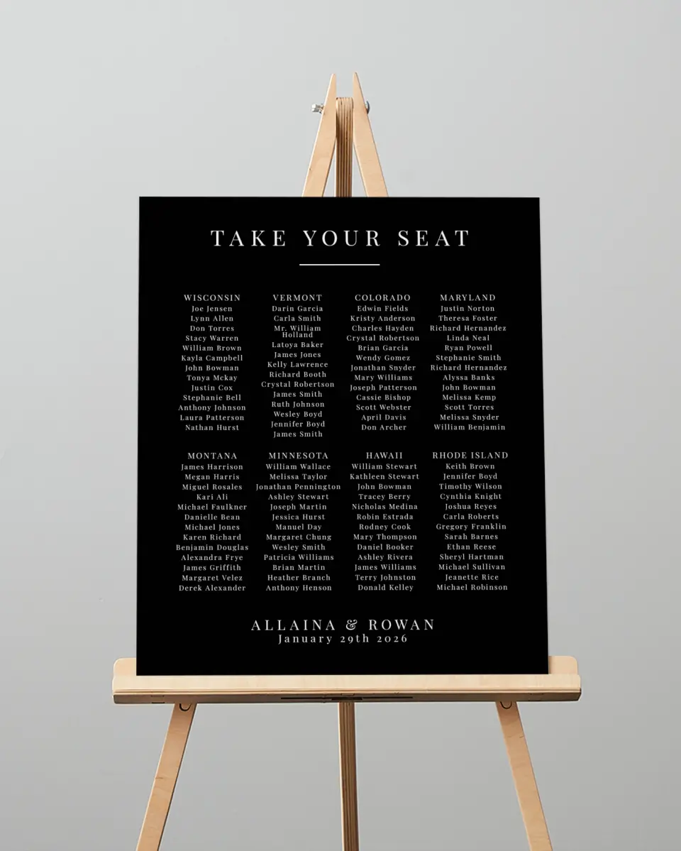 This is a 16" x 20" Seating Chart Sign called Pure Devotion printed in full color