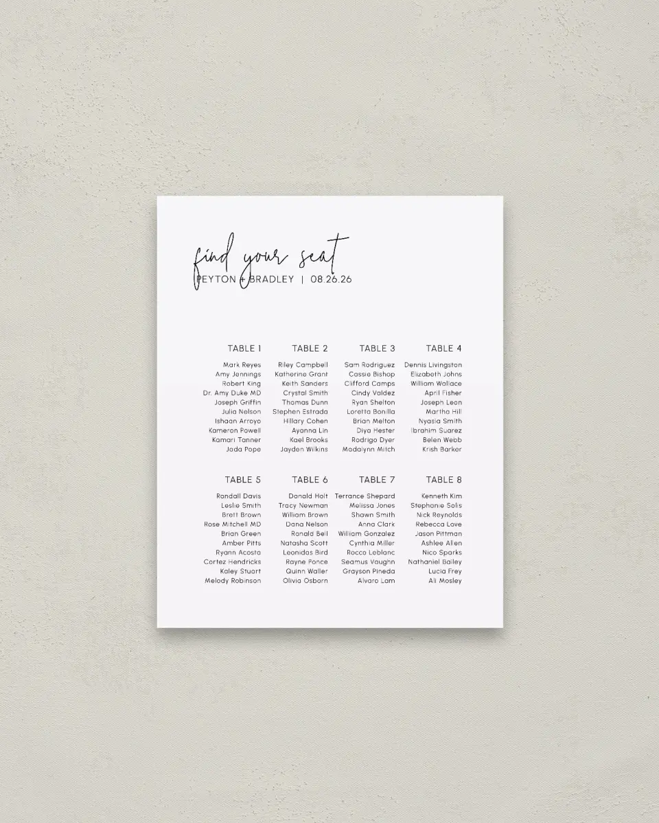 This is a 16" x 20" Seating Chart Sign called Mod Aesthetic printed in full color