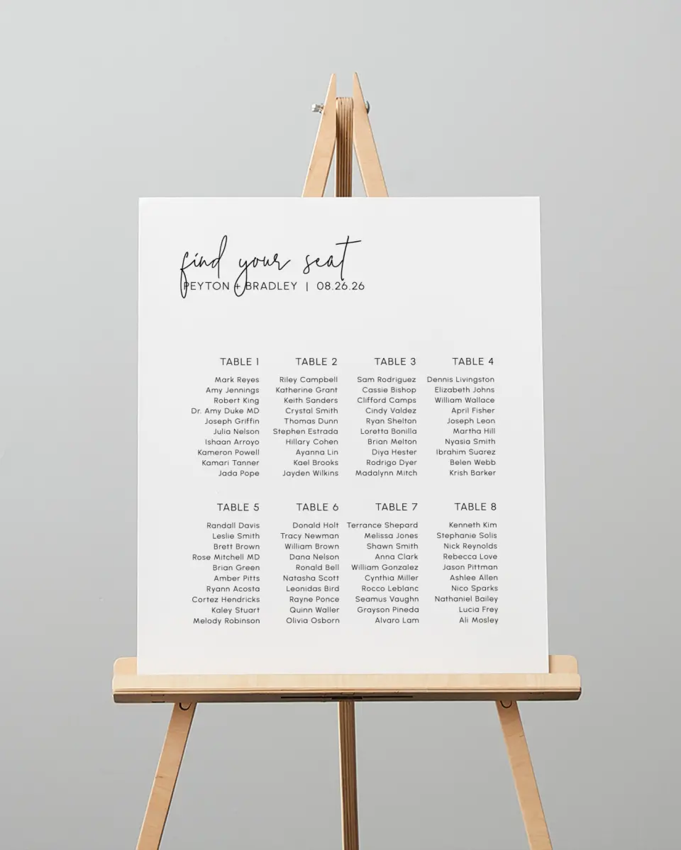 This is a 16" x 20" Seating Chart Sign called Mod Aesthetic printed in full color