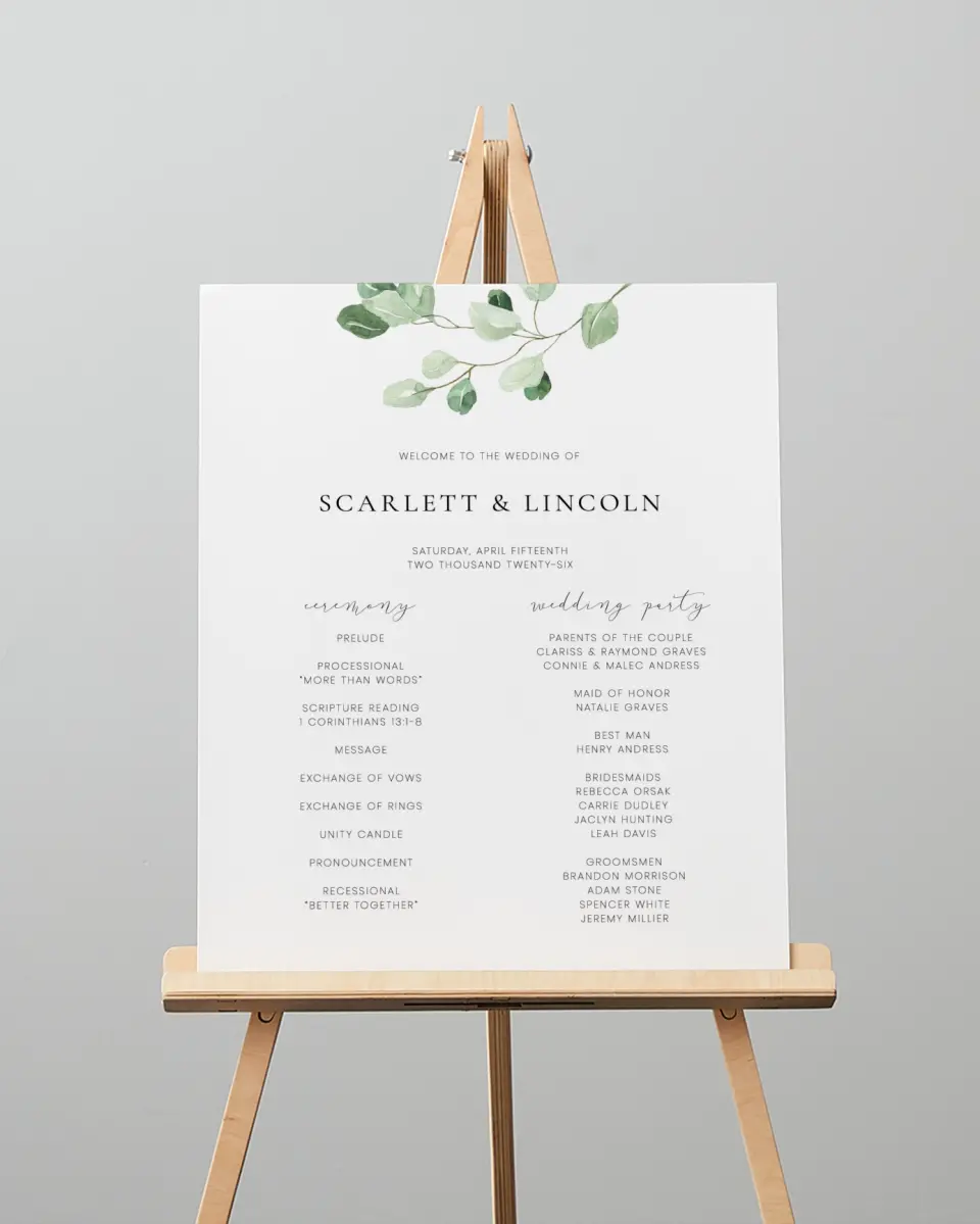 This is a 16" x 20" Ceremony Sign called Sweet Greenery printed in full color