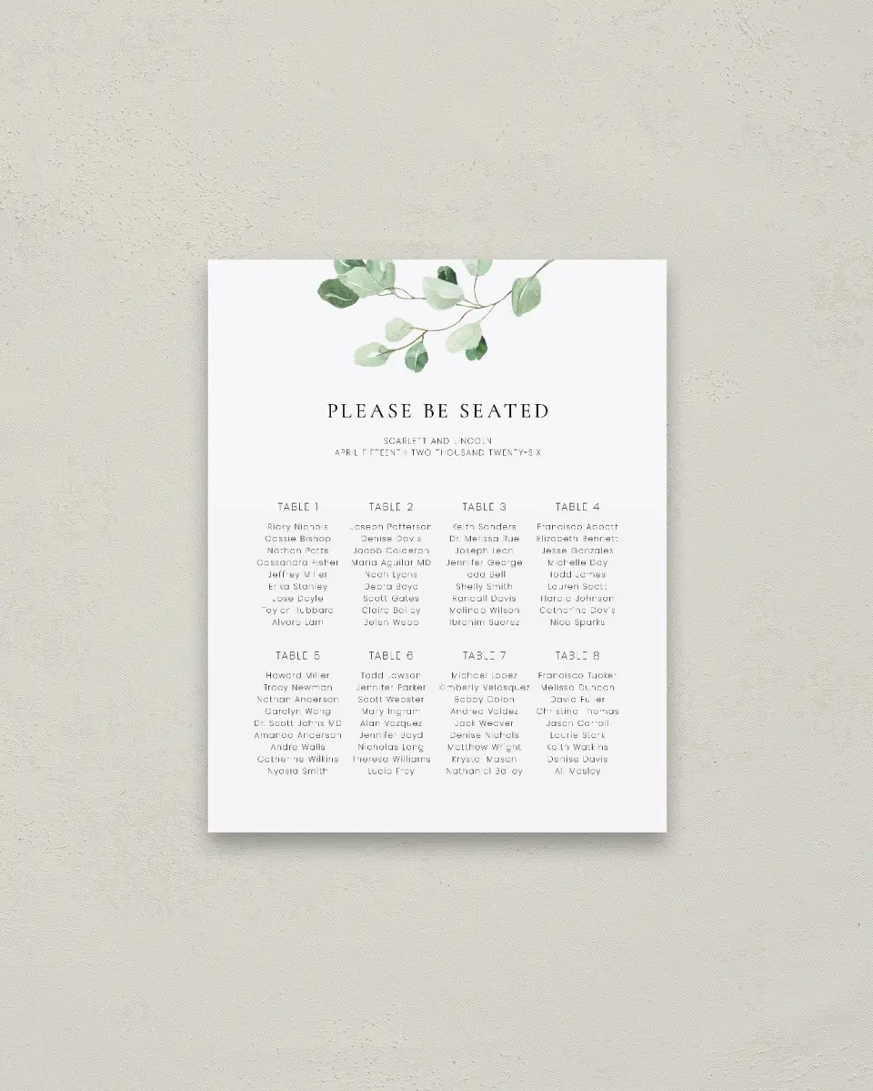 This is a 16" x 20" Seating Chart Sign called Sweet Greenery printed in full color