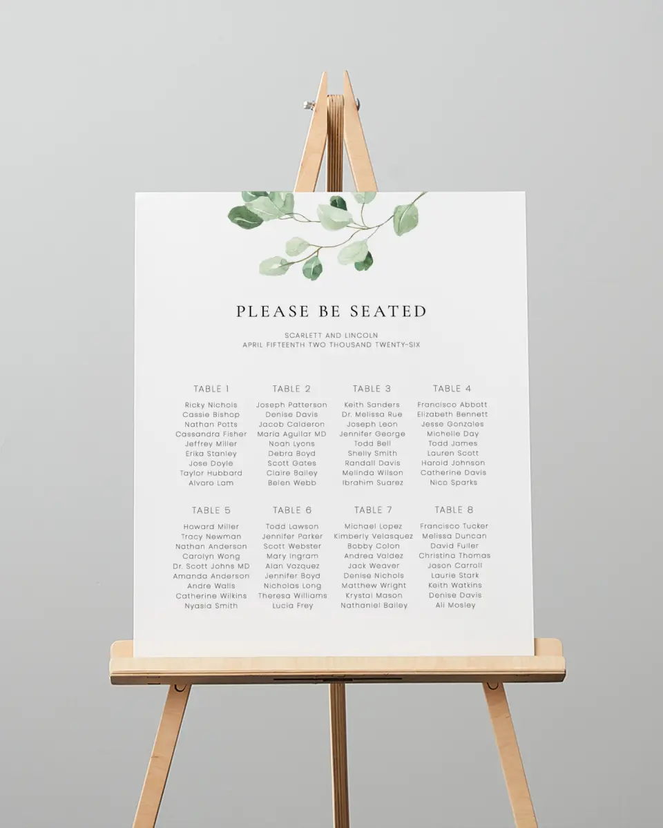 This is a 16" x 20" Seating Chart Sign called Sweet Greenery printed in full color
