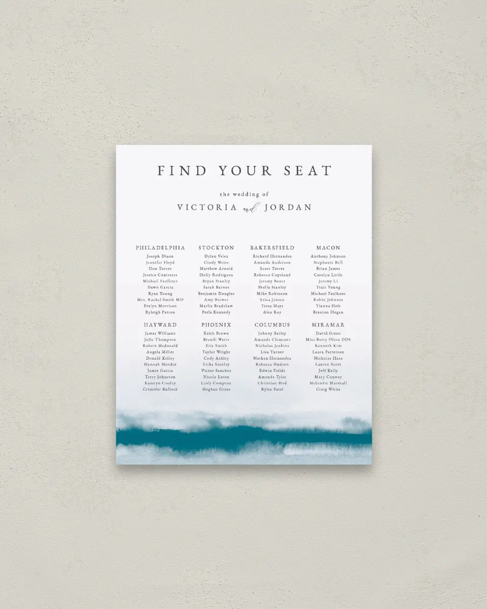 This is a 16" x 20" Seating Chart Sign called Shore Impression printed in full color