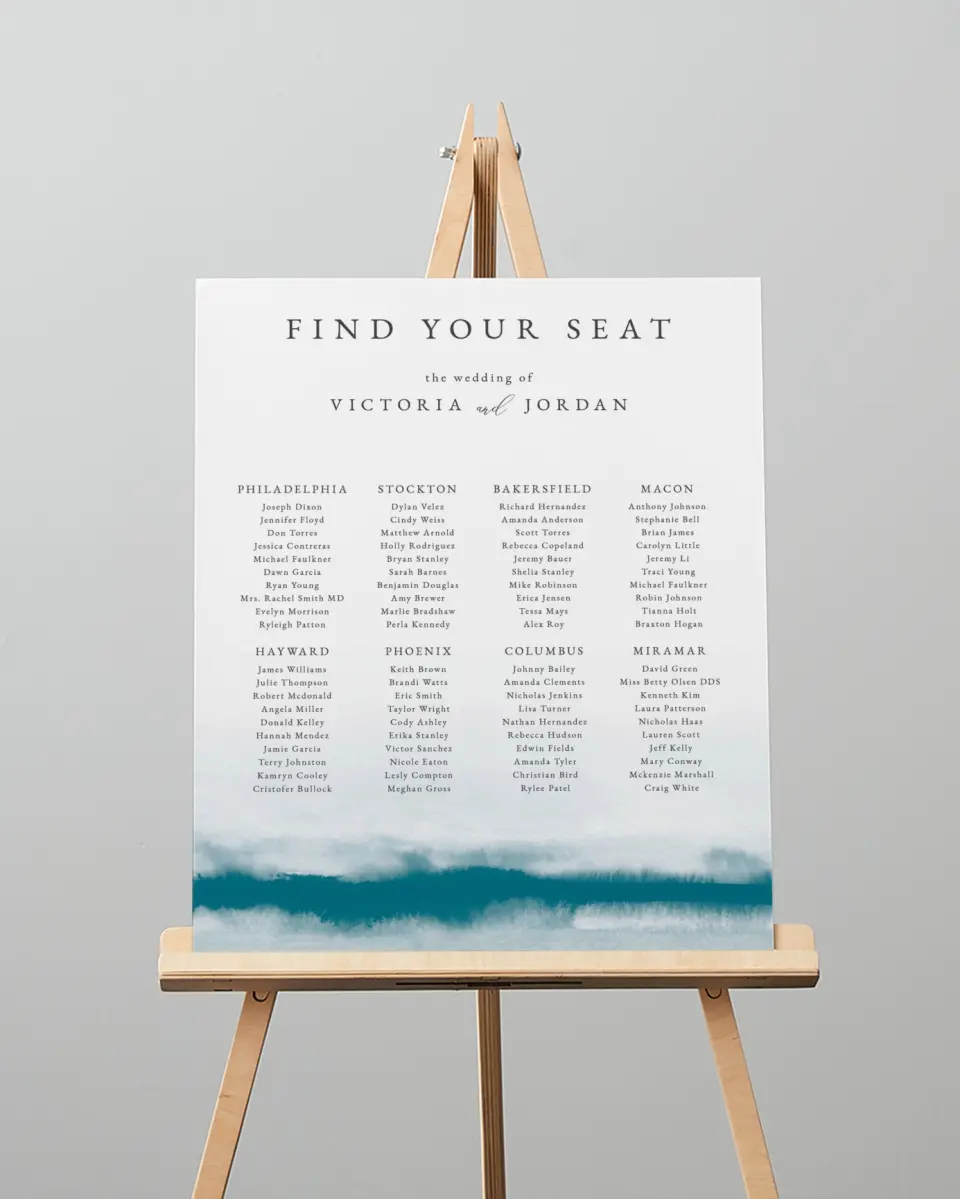 This is a 16" x 20" Seating Chart Sign called Shore Impression printed in full color