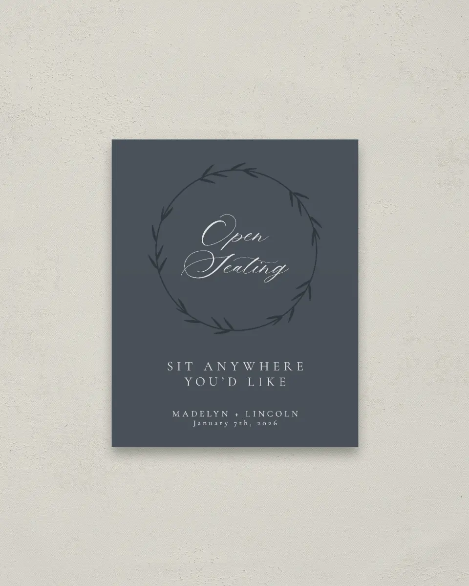 This is a 16" x 20" Pick a Seat Sign called Subtle Wreath printed in full color