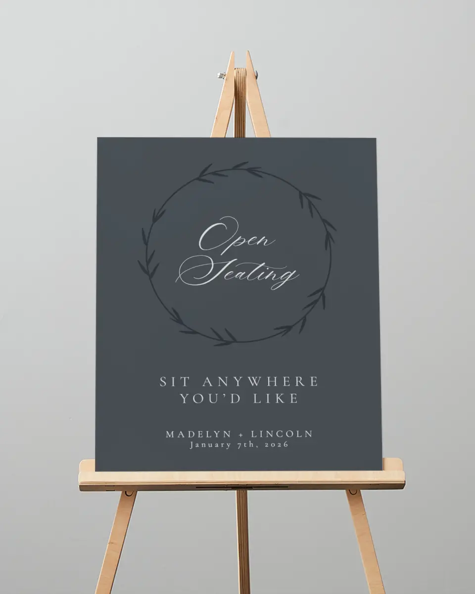 This is a 16" x 20" Pick a Seat Sign called Subtle Wreath printed in full color