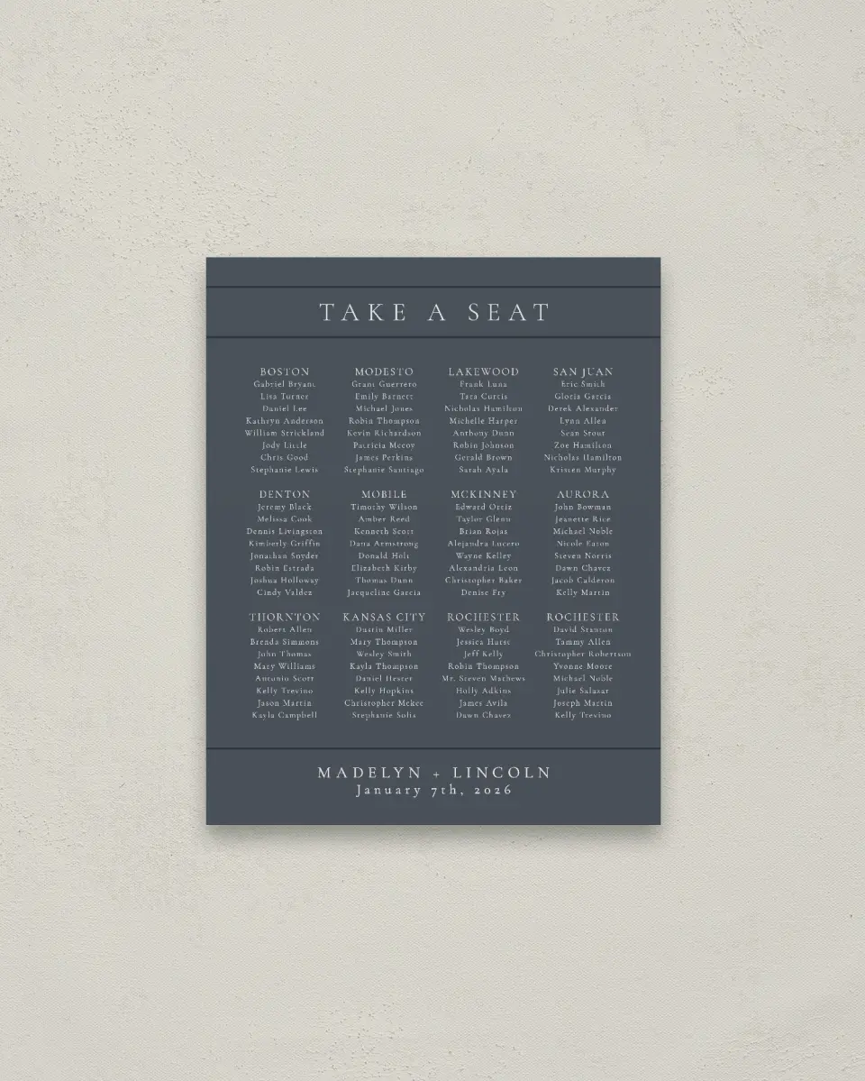 This is a 16" x 20" Seating Chart Sign called Subtle Wreath printed in full color