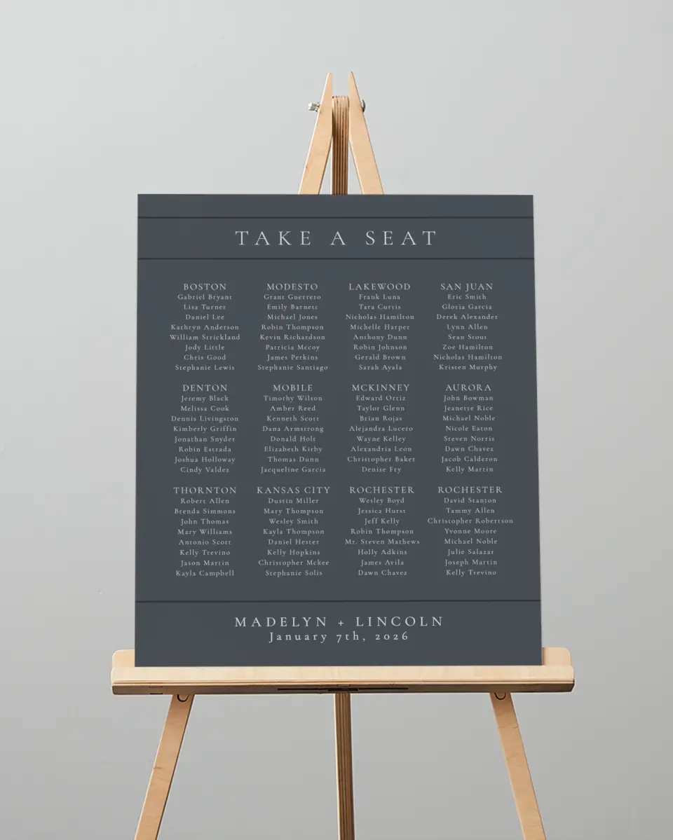 This is a 16" x 20" Seating Chart Sign called Subtle Wreath printed in full color