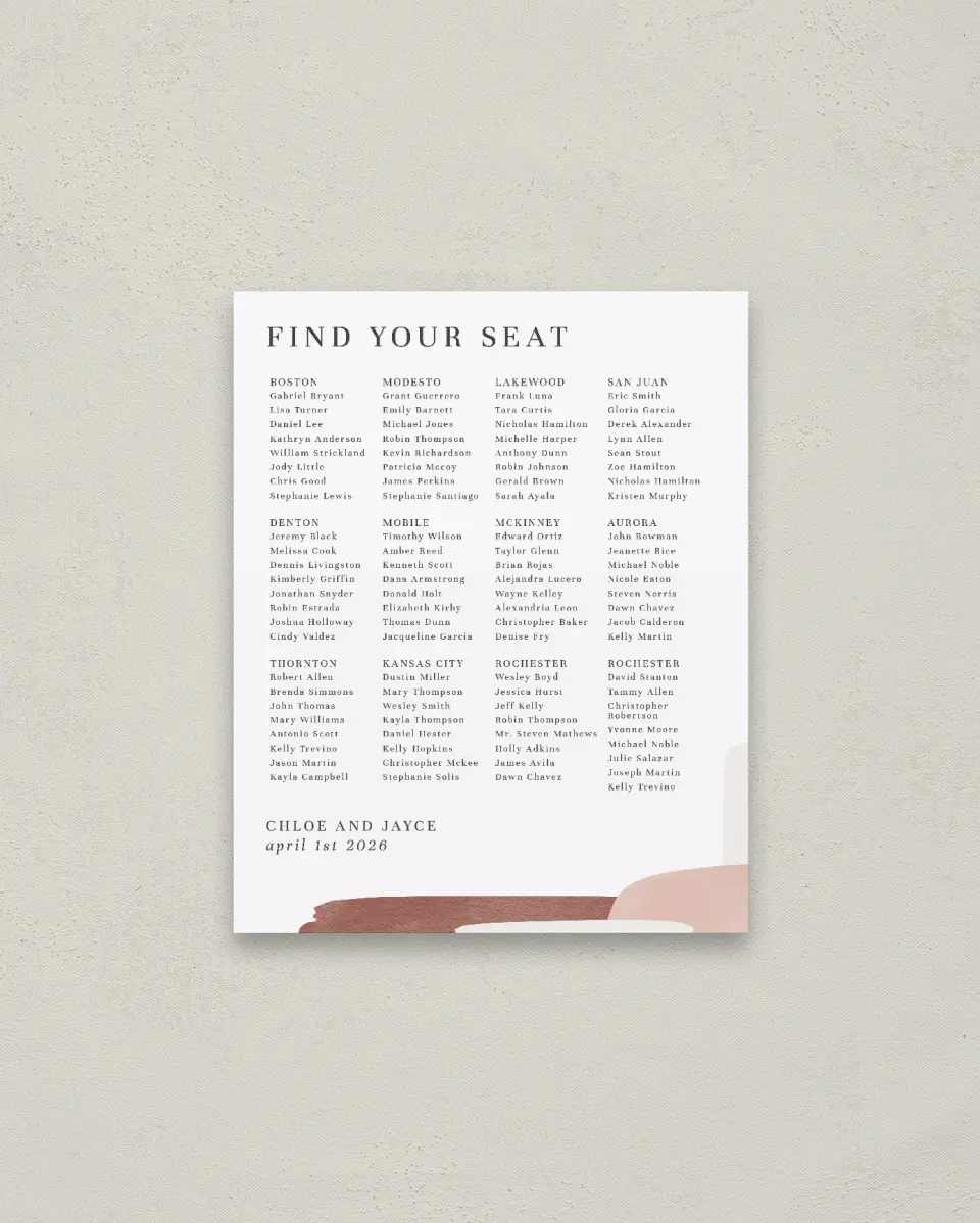 This is a 16" x 20" Seating Chart Sign called Mod Paint printed in full color