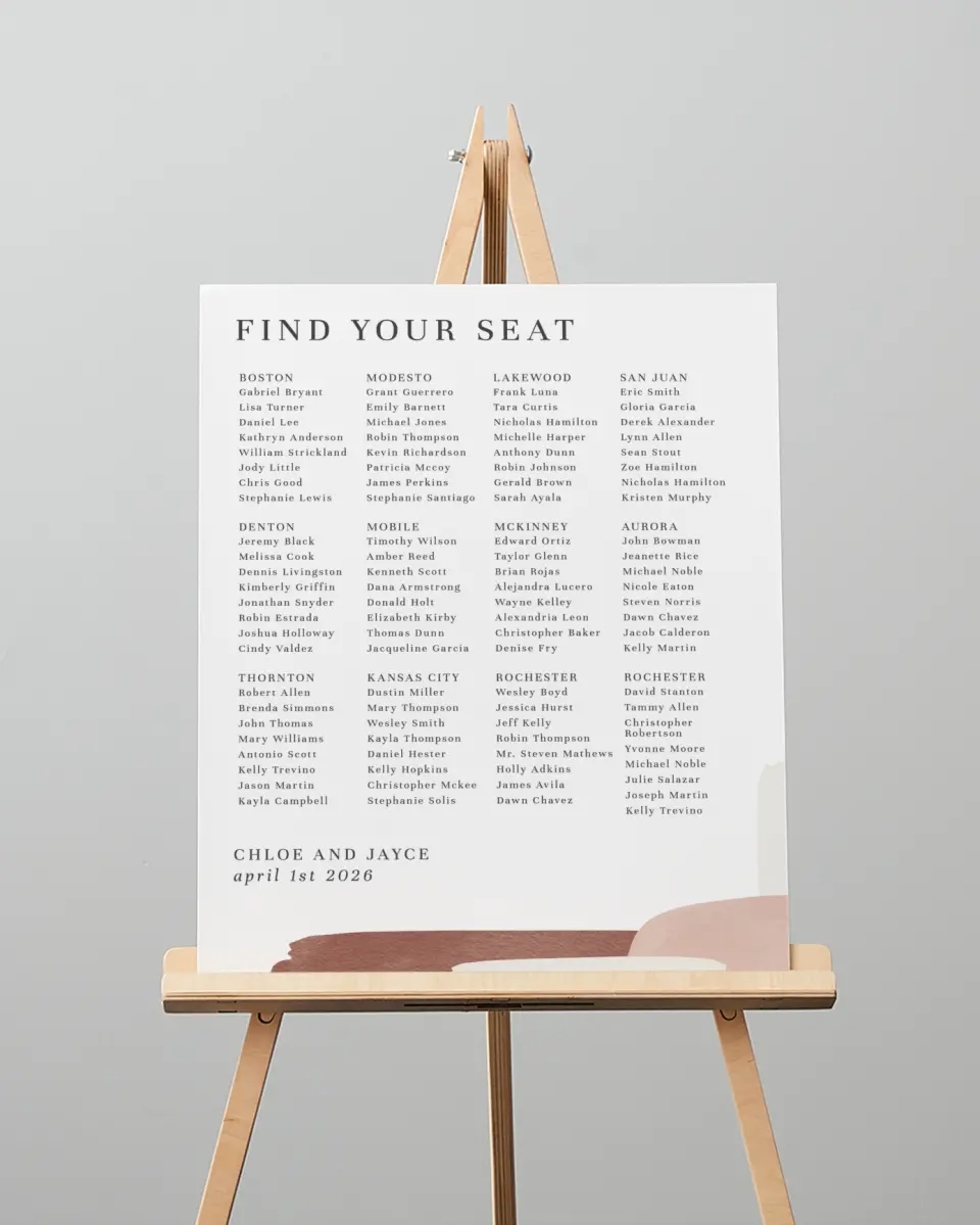 This is a 16" x 20" Seating Chart Sign called Mod Paint printed in full color