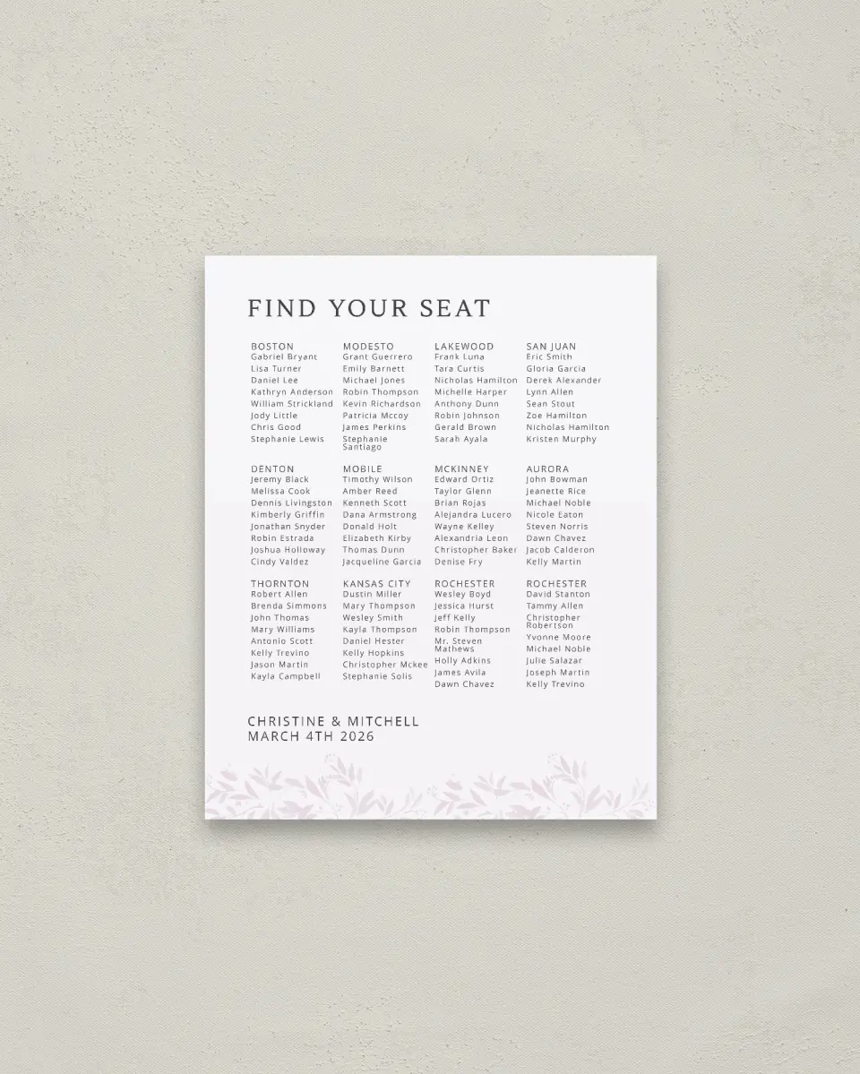 This is a 16" x 20" Seating Chart Sign called Lush Leaves printed in full color