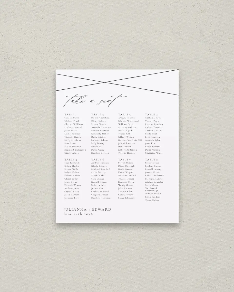 This is a 16" x 20" Seating Chart Sign called Distinct Lines printed in full color
