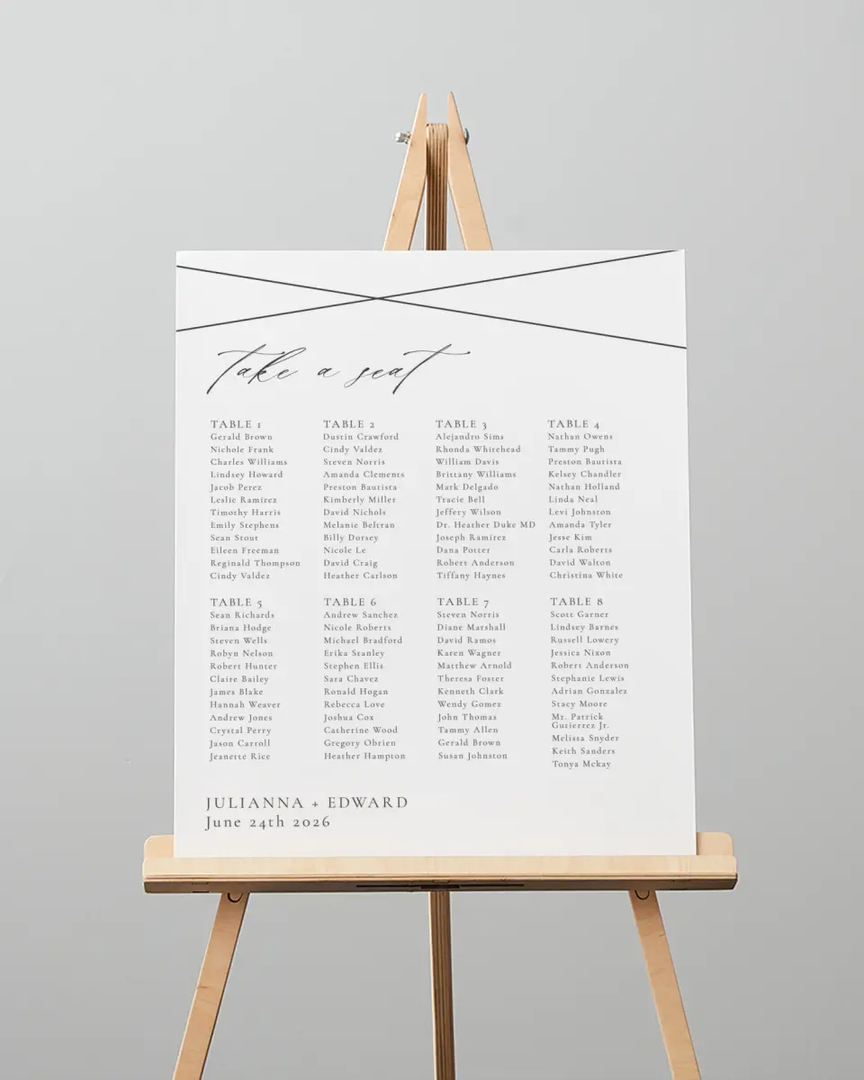 This is a 16" x 20" Seating Chart Sign called Distinct Lines printed in full color