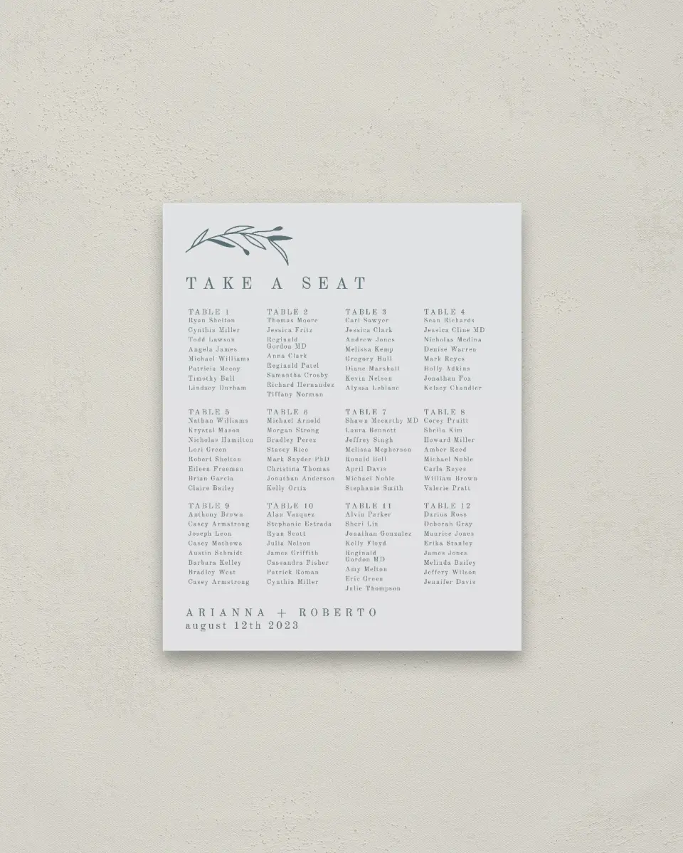 This is a 16" x 20" Seating Chart Sign called Growing Arc printed in full color