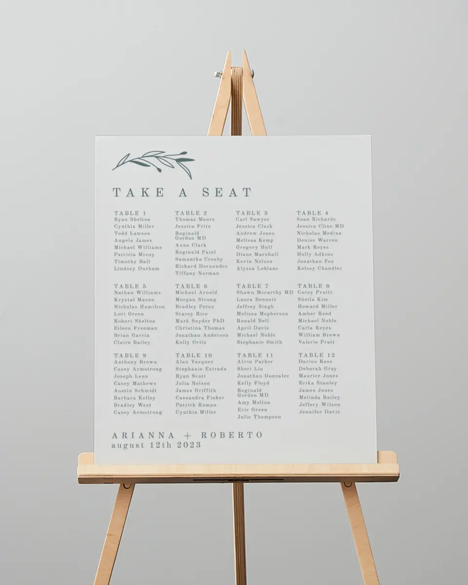 This is a 16" x 20" Seating Chart Sign called Growing Arc printed in full color
