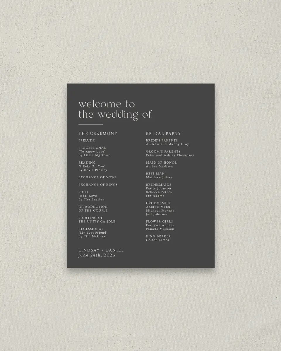 This is a 16" x 20" Ceremony Sign called Simple Gathering printed in full color