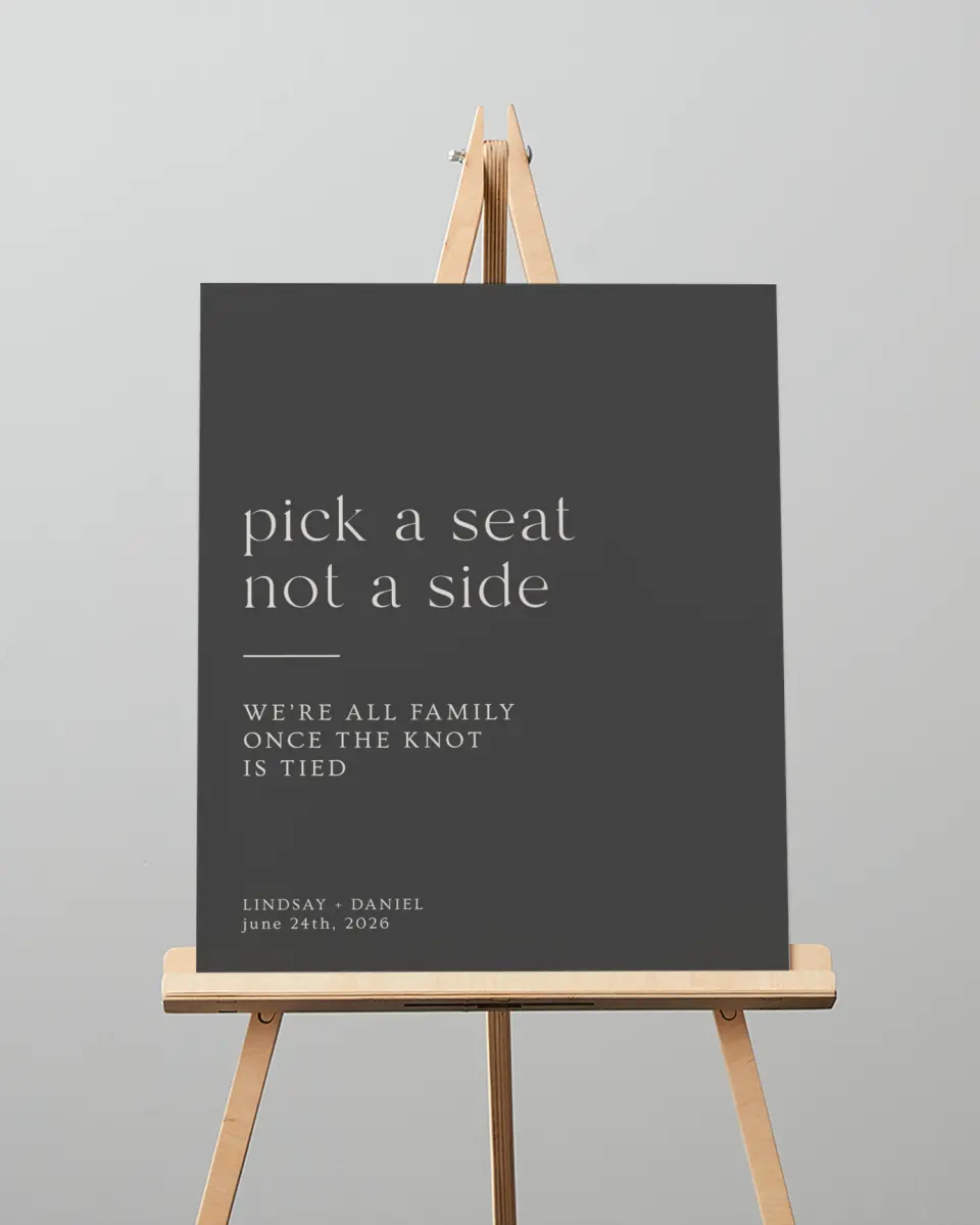 This is a 16" x 20" Pick a Seat Sign called Simple Gathering printed in full color