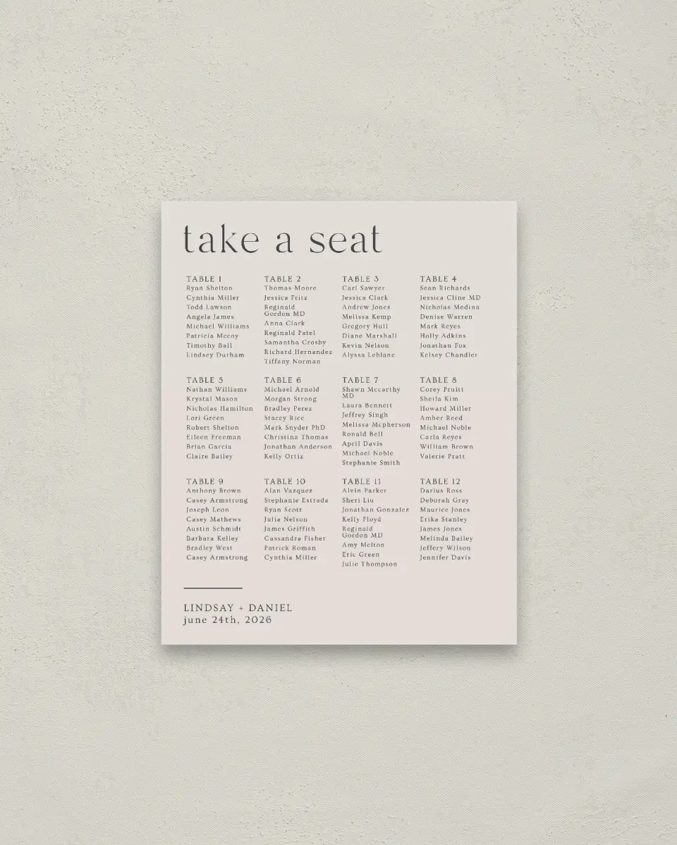 This is a 16" x 20" Seating Chart Sign called Simple Gathering printed in full color