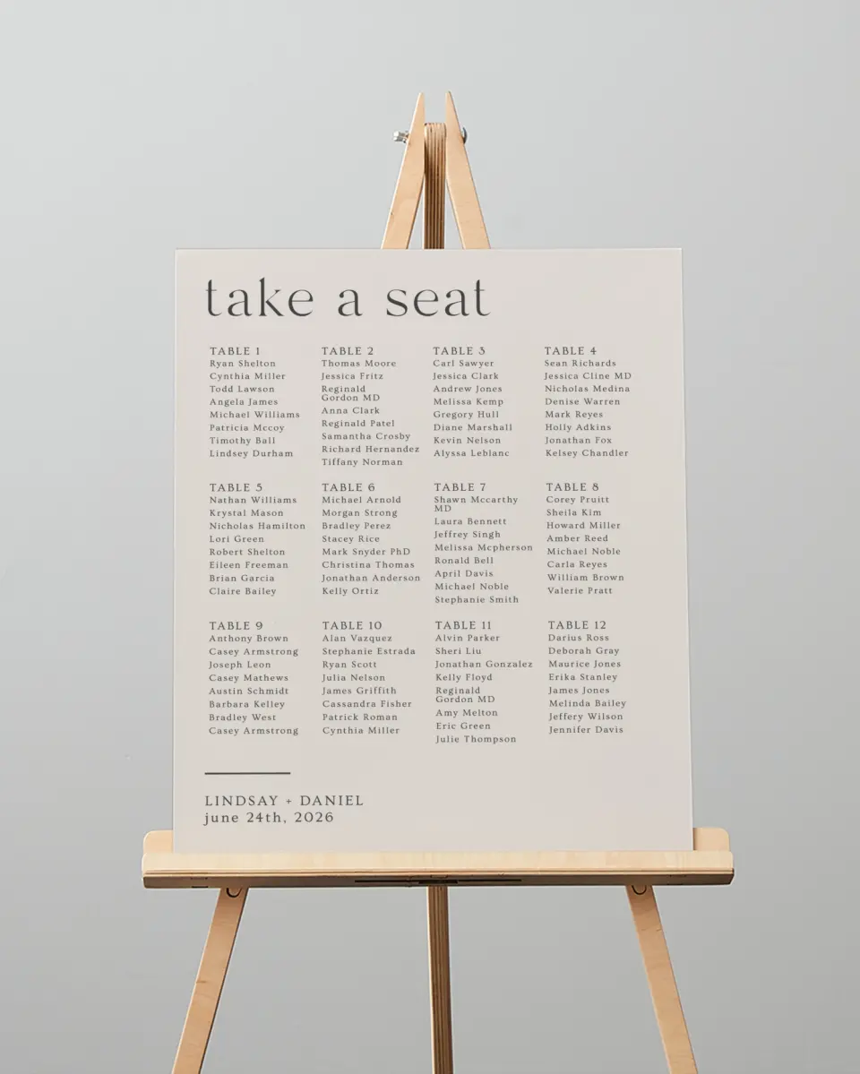 This is a 16" x 20" Seating Chart Sign called Simple Gathering printed in full color