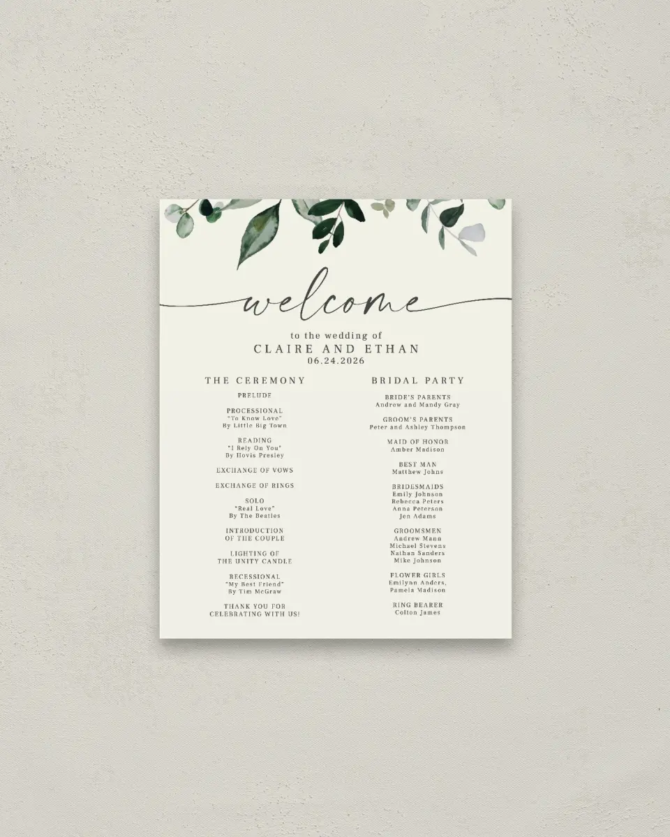 This is a 16" x 20" Ceremony Sign called Eucalyptus Greenery printed in full color